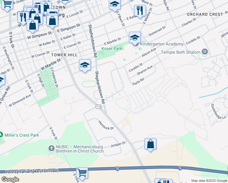 map of restaurants, bars, coffee shops, grocery stores, and more near 501 East Elmwood Avenue in Mechanicsburg