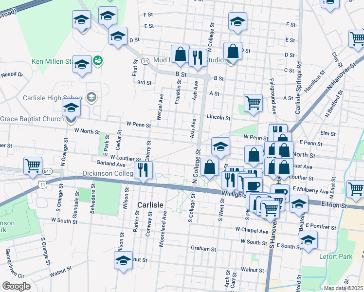 map of restaurants, bars, coffee shops, grocery stores, and more near 343 West Louther Street in Carlisle