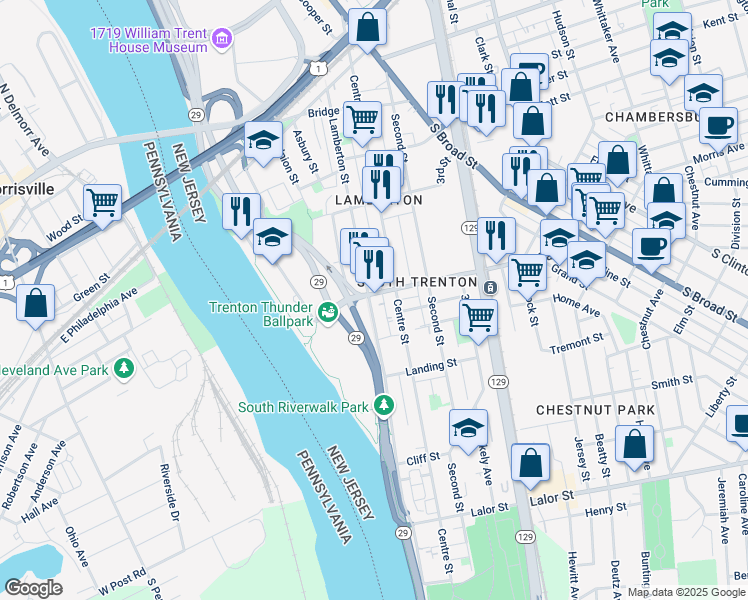 map of restaurants, bars, coffee shops, grocery stores, and more near 806 Lamberton Street in Trenton