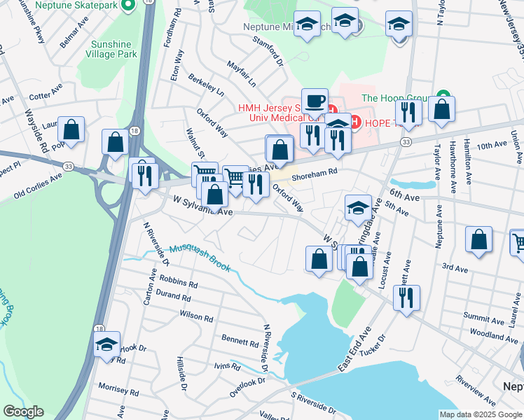map of restaurants, bars, coffee shops, grocery stores, and more near 290 West Sylvania Avenue in Neptune City