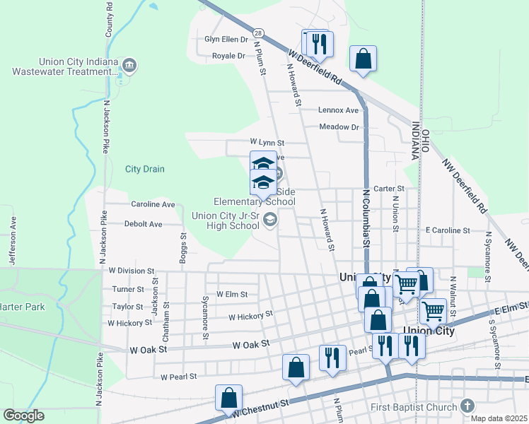 map of restaurants, bars, coffee shops, grocery stores, and more near 603 North Walnut Street in Union City