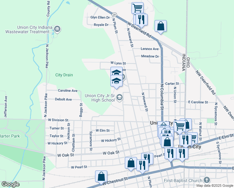 map of restaurants, bars, coffee shops, grocery stores, and more near 603 North Walnut Street in Union City
