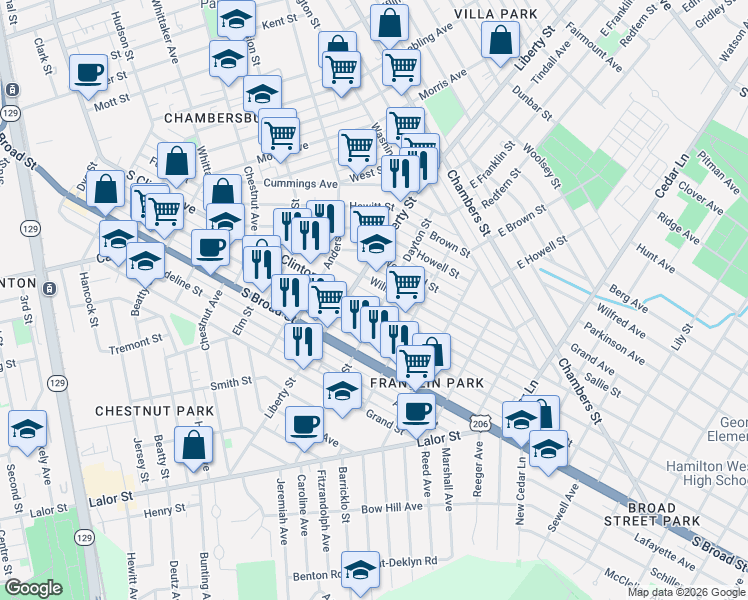 map of restaurants, bars, coffee shops, grocery stores, and more near 1448 South Clinton Avenue in Trenton