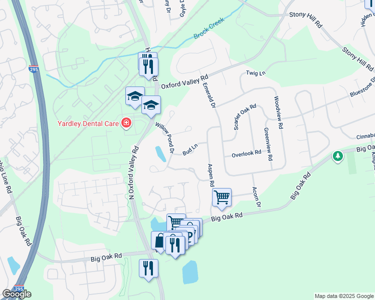map of restaurants, bars, coffee shops, grocery stores, and more near 1574 Bud Lane in Yardley