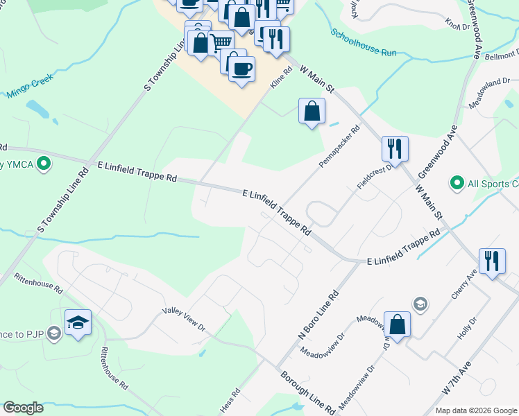 map of restaurants, bars, coffee shops, grocery stores, and more near 6 Aubrey Court in Royersford
