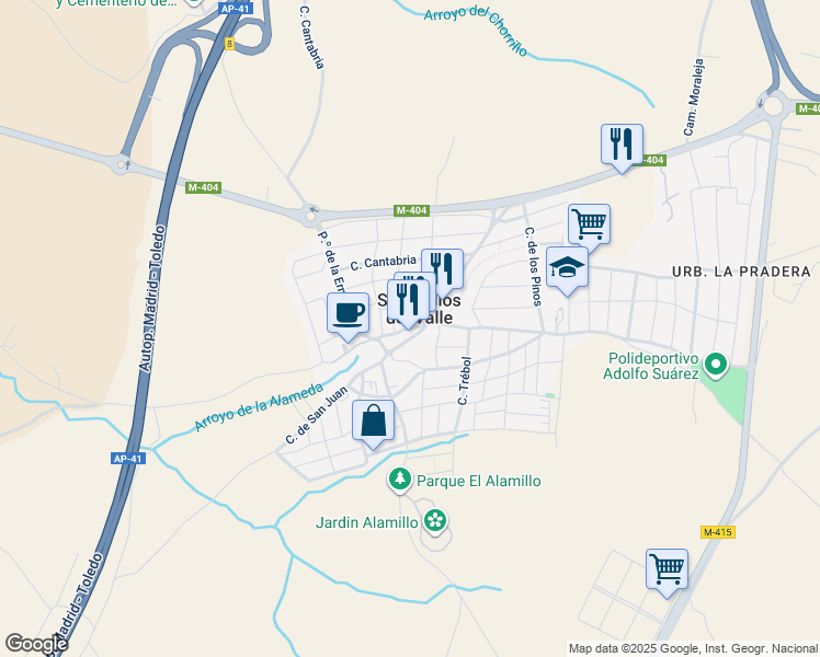 map of restaurants, bars, coffee shops, grocery stores, and more near 28 Calle Madrid in Serranillos del Valle