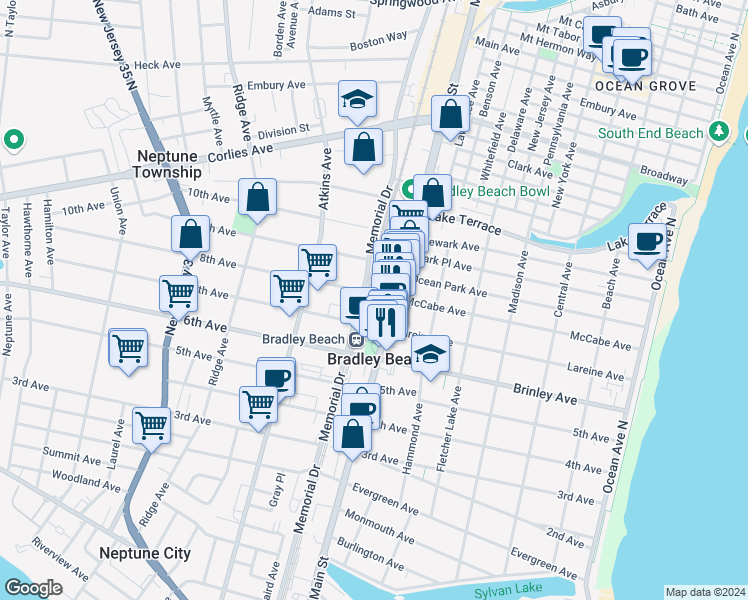 map of restaurants, bars, coffee shops, grocery stores, and more near 706 Lareine Avenue in Bradley Beach