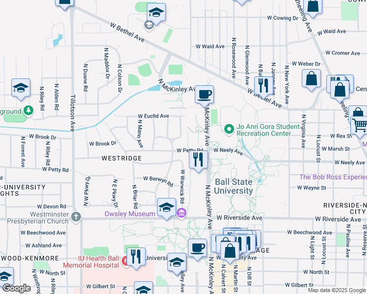 map of restaurants, bars, coffee shops, grocery stores, and more near 1246 West Warwick Road in Muncie