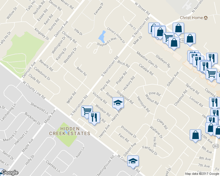 map of restaurants, bars, coffee shops, grocery stores, and more near 1046 Dogwood Road in Warminster