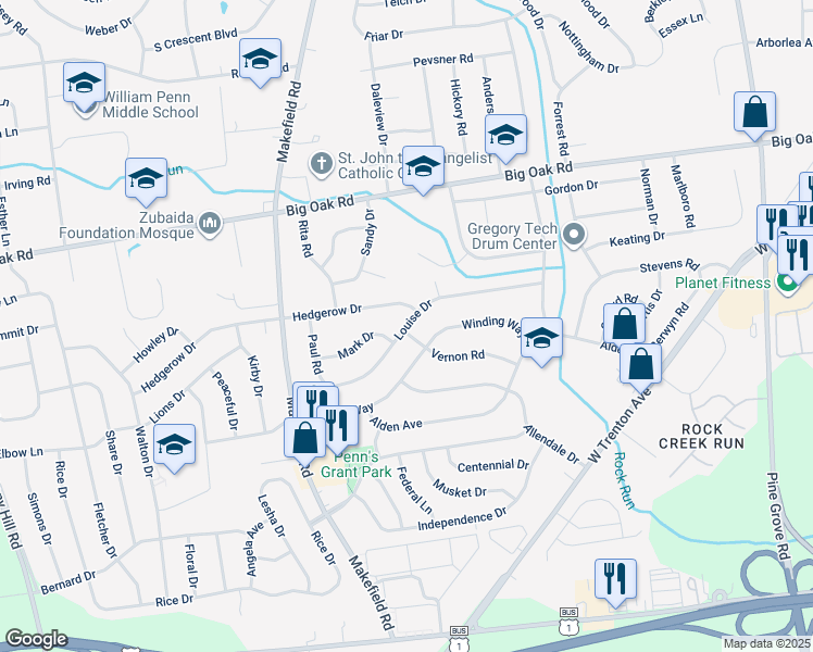 map of restaurants, bars, coffee shops, grocery stores, and more near 204 Louise Drive in Morrisville