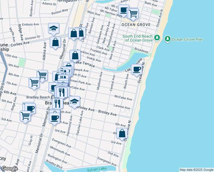 map of restaurants, bars, coffee shops, grocery stores, and more near 314 McCabe Avenue in Bradley Beach