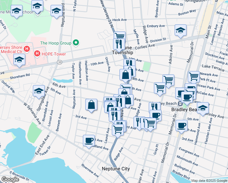 map of restaurants, bars, coffee shops, grocery stores, and more near 1412 6th Avenue in Neptune City