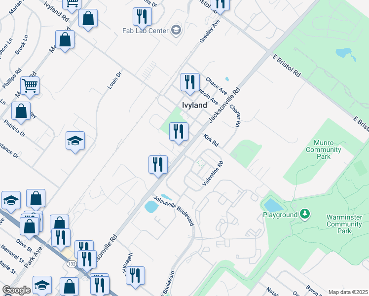 map of restaurants, bars, coffee shops, grocery stores, and more near 1000 Jacksonville Road in Warminster