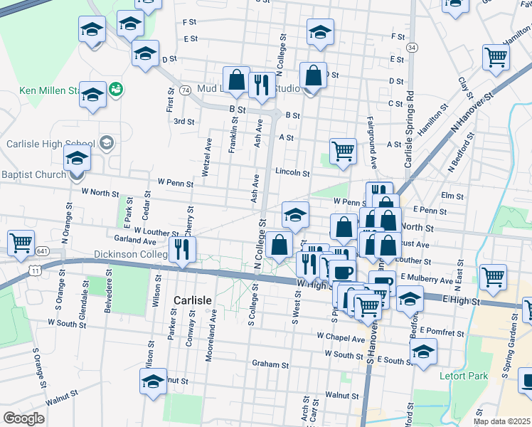 map of restaurants, bars, coffee shops, grocery stores, and more near 161 North College Street in Carlisle