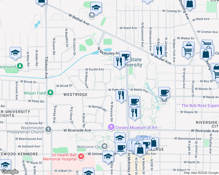 map of restaurants, bars, coffee shops, grocery stores, and more near 1246 West Warwick Road in Muncie
