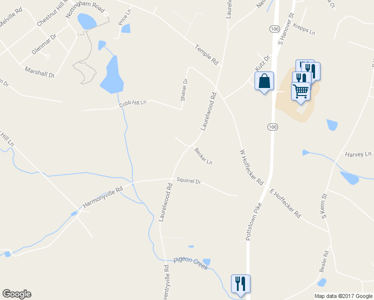 map of restaurants, bars, coffee shops, grocery stores, and more near 1510 Laurelwood Road in Pottstown