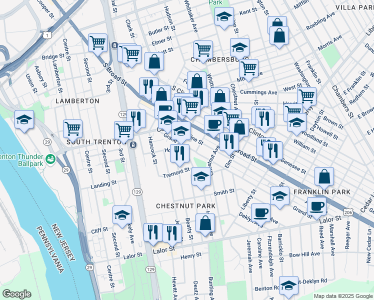 map of restaurants, bars, coffee shops, grocery stores, and more near 123 Grand Street in Trenton