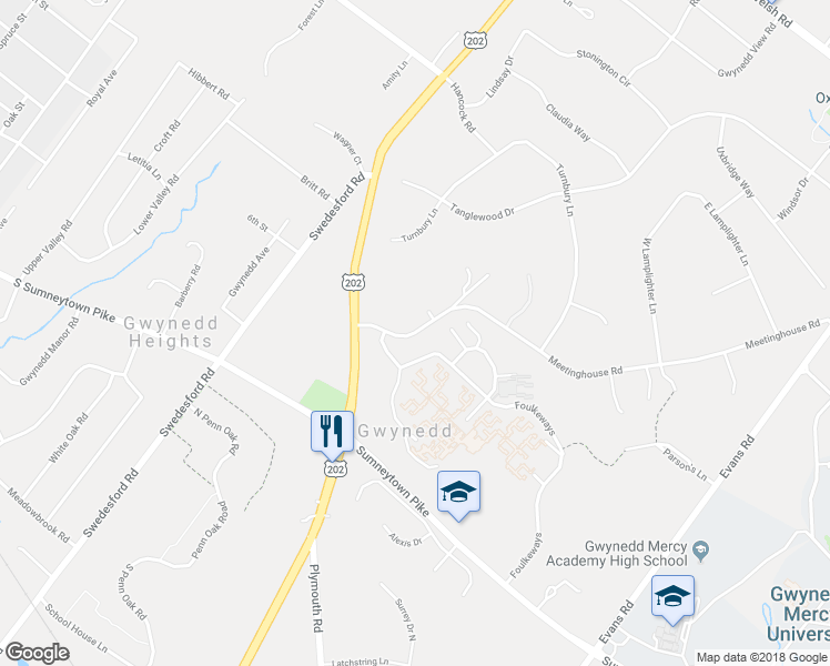 map of restaurants, bars, coffee shops, grocery stores, and more near Meetinghouse Road in North Wales
