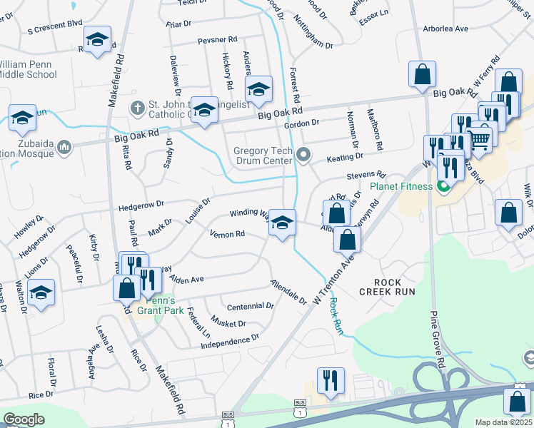 map of restaurants, bars, coffee shops, grocery stores, and more near 232 Winding Way in Morrisville
