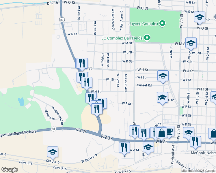 map of restaurants, bars, coffee shops, grocery stores, and more near 1301-1399 West H Street in McCook