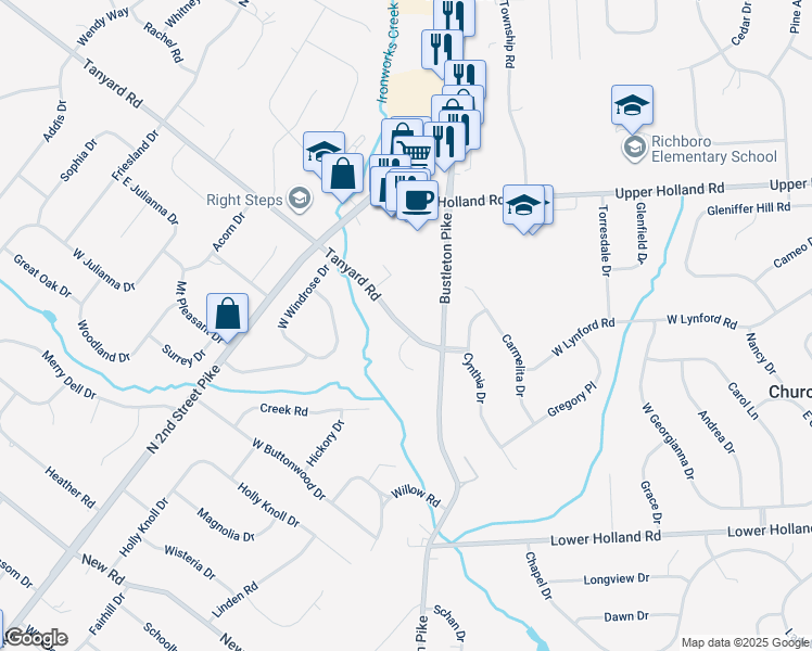 map of restaurants, bars, coffee shops, grocery stores, and more near 3 Tanyard Road in Richboro