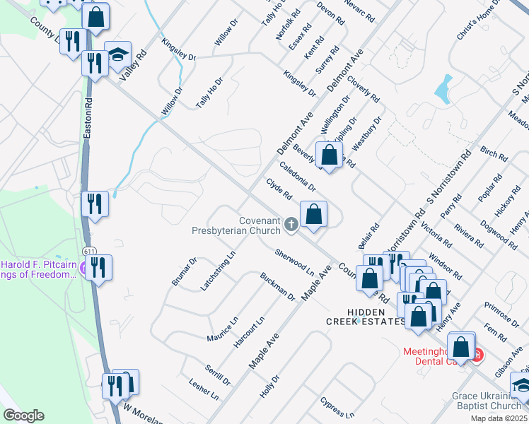map of restaurants, bars, coffee shops, grocery stores, and more near 531 West County Line Road in Warminster