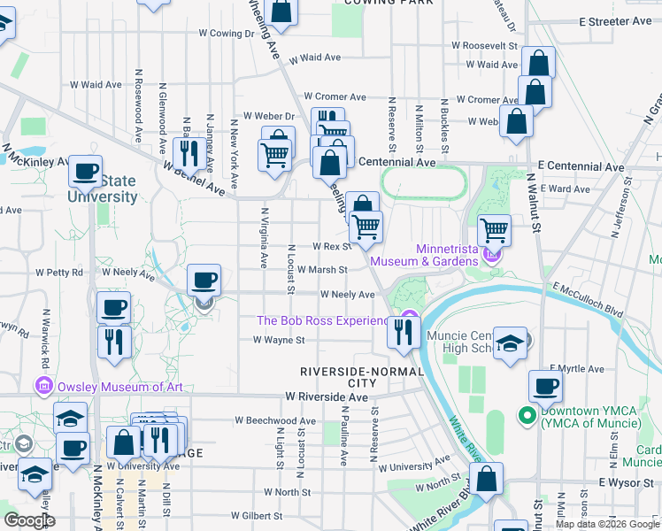 map of restaurants, bars, coffee shops, grocery stores, and more near 916 West Marsh Street in Muncie
