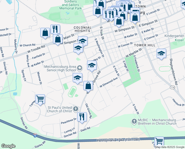 map of restaurants, bars, coffee shops, grocery stores, and more near 500 South Broad Street in Mechanicsburg