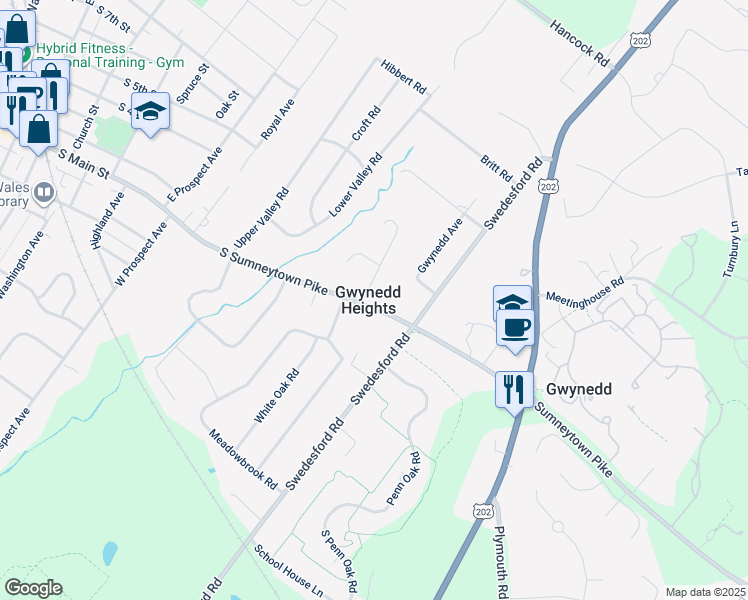 map of restaurants, bars, coffee shops, grocery stores, and more near 645 South Sumneytown Pike in North Wales