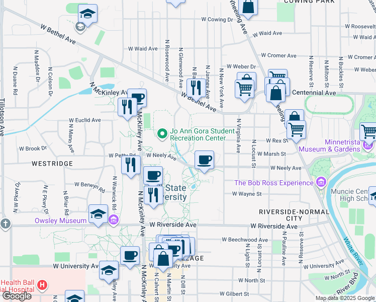 map of restaurants, bars, coffee shops, grocery stores, and more near 2000 West University Avenue in Muncie