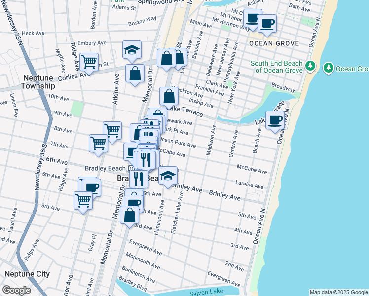 map of restaurants, bars, coffee shops, grocery stores, and more near 505 McCabe Avenue in Bradley Beach