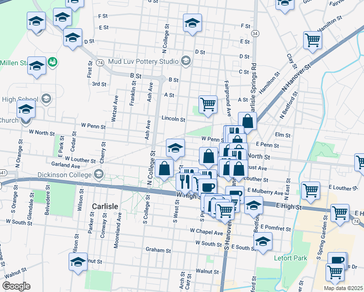 map of restaurants, bars, coffee shops, grocery stores, and more near 145 Frederick Avenue in Carlisle