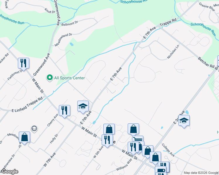 map of restaurants, bars, coffee shops, grocery stores, and more near 170 East 7th Avenue in Collegeville