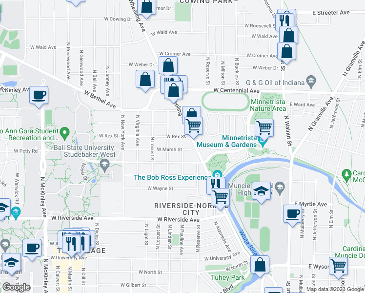 map of restaurants, bars, coffee shops, grocery stores, and more near 830 West Marsh Street in Muncie