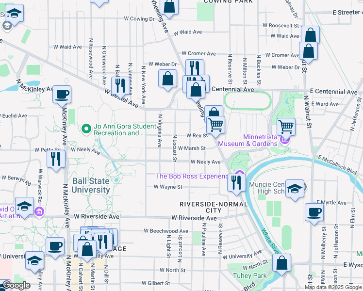 map of restaurants, bars, coffee shops, grocery stores, and more near 1016 West Marsh Street in Muncie