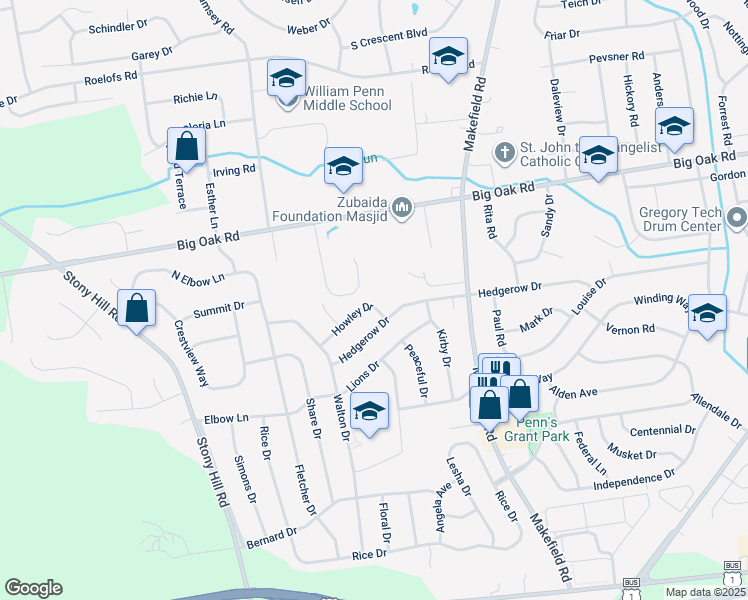 map of restaurants, bars, coffee shops, grocery stores, and more near 58 Howley Drive in Yardley