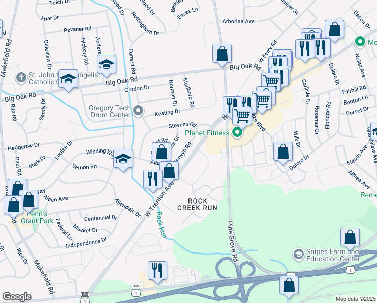 map of restaurants, bars, coffee shops, grocery stores, and more near 515 Berwyn Road in Morrisville