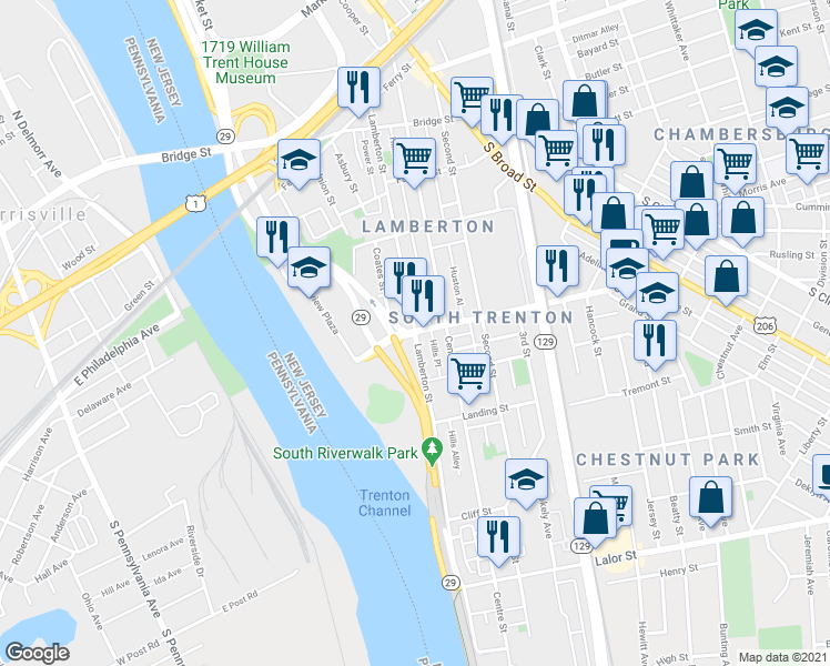 map of restaurants, bars, coffee shops, grocery stores, and more near Cass St & Lamberton St in Trenton