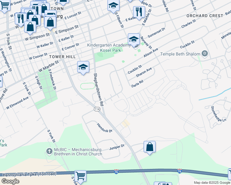 map of restaurants, bars, coffee shops, grocery stores, and more near 500 East Elmwood Avenue in Mechanicsburg