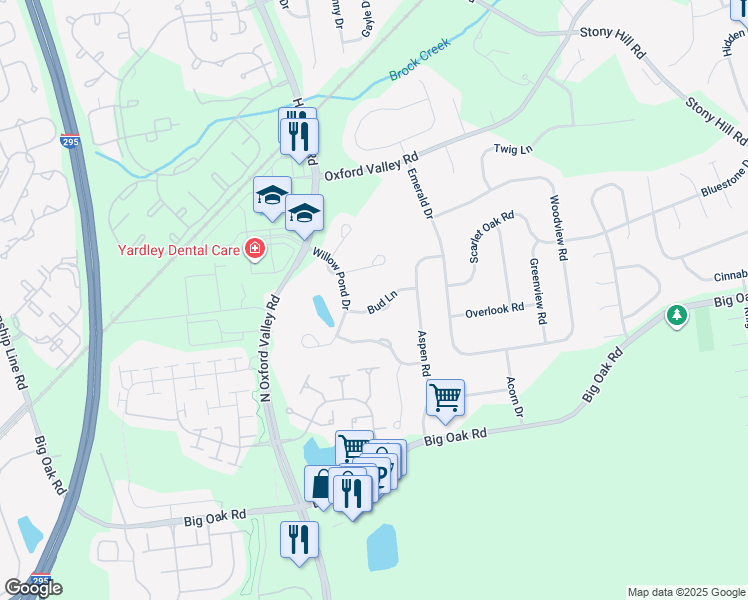 map of restaurants, bars, coffee shops, grocery stores, and more near 1574 Bud Lane in Yardley