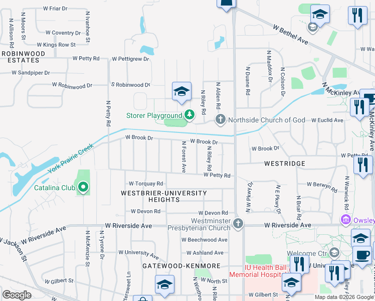 map of restaurants, bars, coffee shops, grocery stores, and more near 1223 North Winthrop Road in Muncie