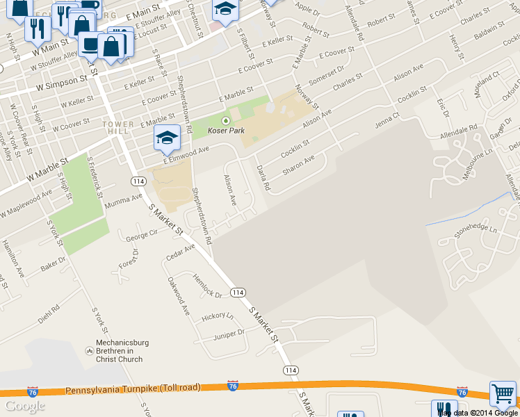 map of restaurants, bars, coffee shops, grocery stores, and more near 487 East Elmwood Avenue in Mechanicsburg