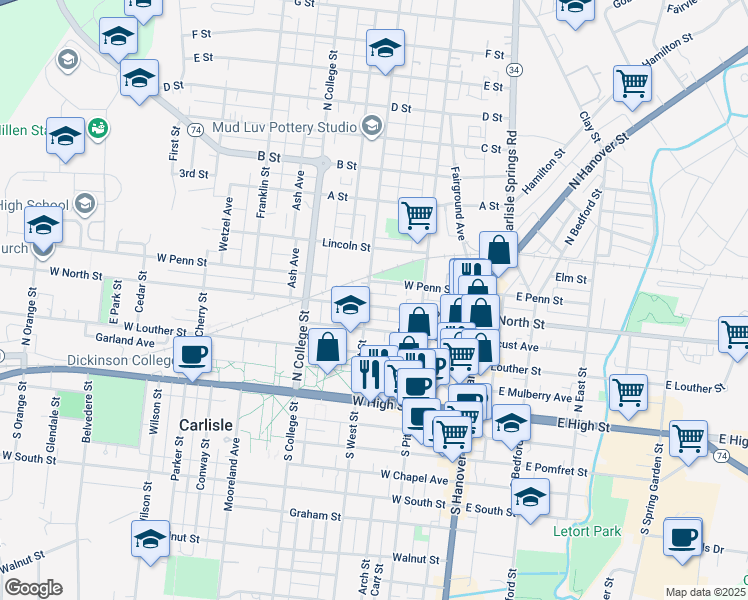 map of restaurants, bars, coffee shops, grocery stores, and more near 171 West North Street in Carlisle