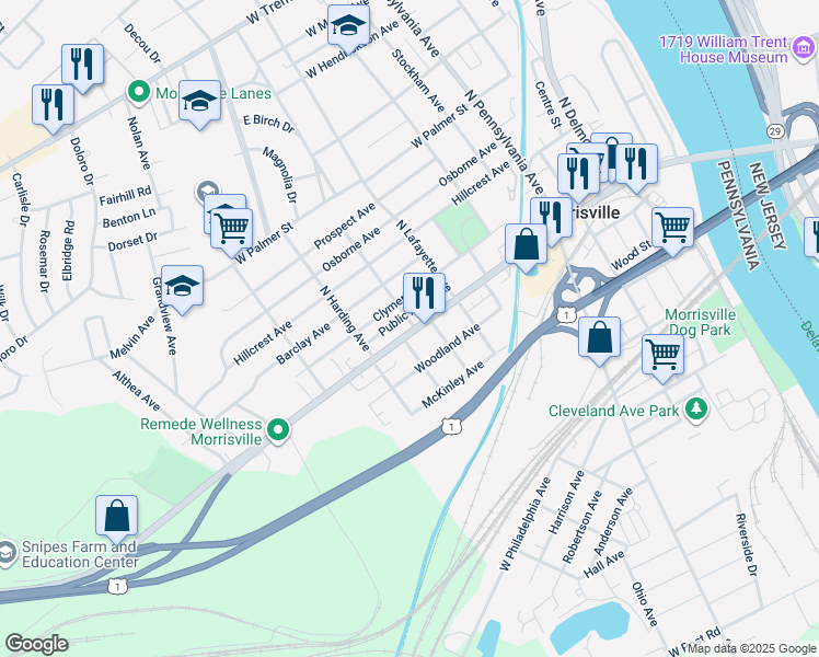 map of restaurants, bars, coffee shops, grocery stores, and more near 418 West Bridge Street in Morrisville
