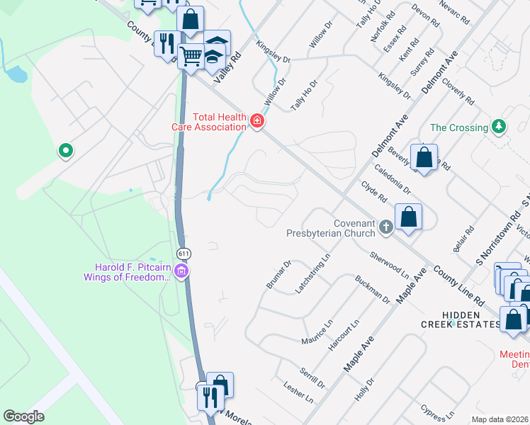 map of restaurants, bars, coffee shops, grocery stores, and more near 618 Winding Road in Hatboro