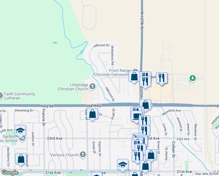 map of restaurants, bars, coffee shops, grocery stores, and more near 12676 Hillcrest Drive in Longmont
