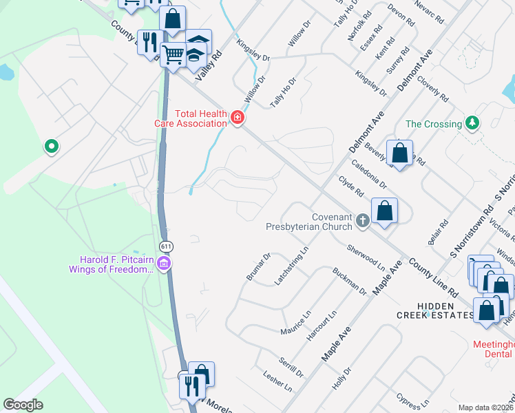 map of restaurants, bars, coffee shops, grocery stores, and more near 618 Winding Road in Hatboro