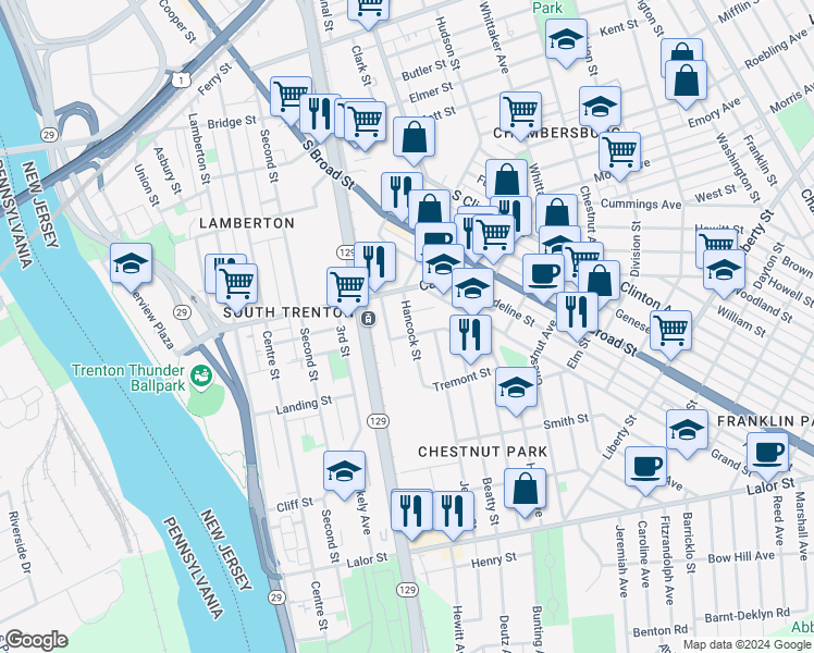 map of restaurants, bars, coffee shops, grocery stores, and more near 55 Hancock Street in Trenton