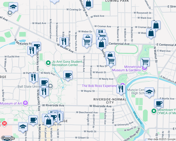 map of restaurants, bars, coffee shops, grocery stores, and more near 1128 West Neely Avenue in Muncie