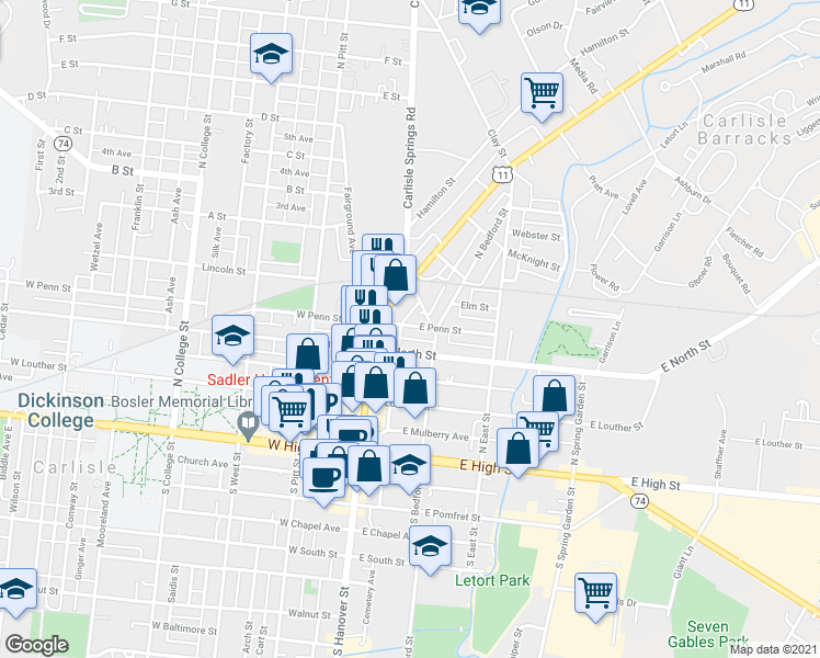 map of restaurants, bars, coffee shops, grocery stores, and more near 44 East Penn Street in Carlisle